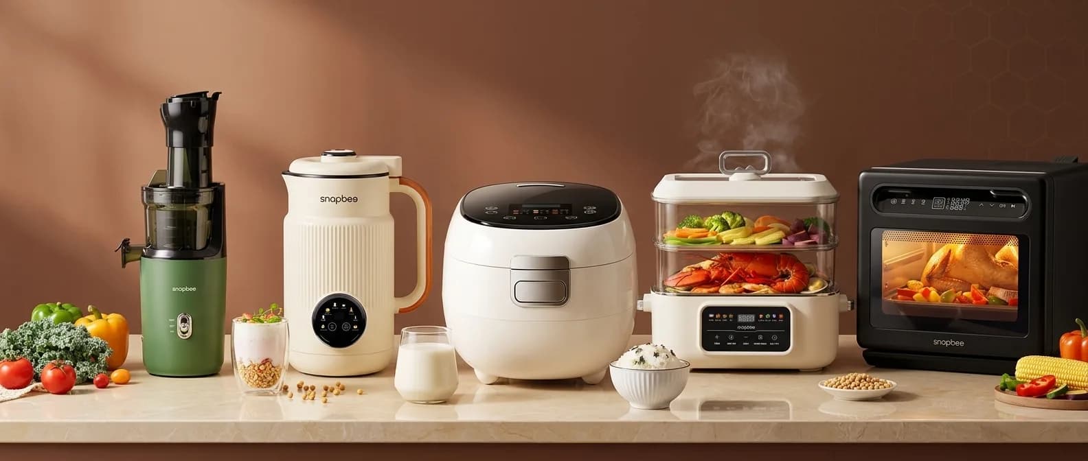 Máy ép, máy nấu sữa hạt, nồi cơm, nồi hấp và nồi chiên SnapBee trên bàn bếp