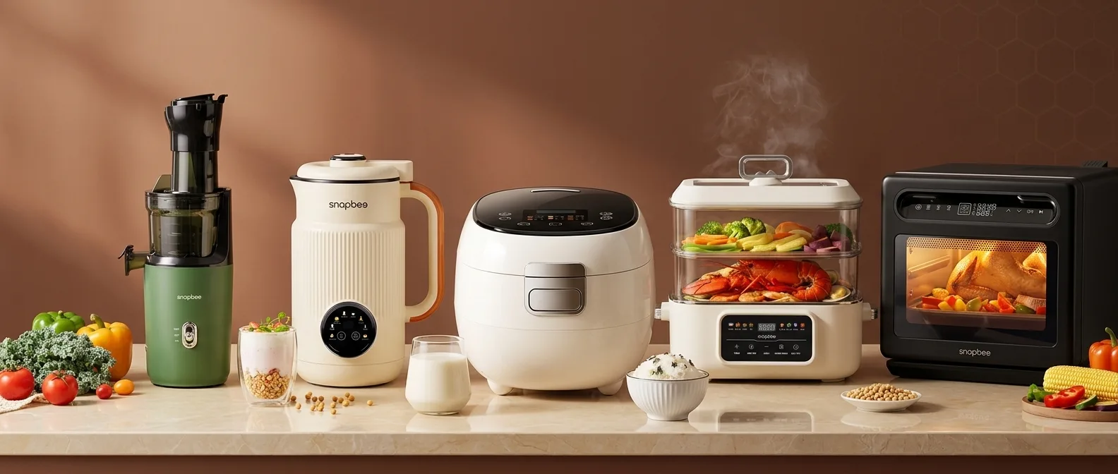 Bộ sản phẩm gia dụng thông minh Snapbee — máy ép chậm, máy nấu sữa hạt, nồi cơm điện RC3000 PRO, nồi hấp lẩu, nồi chiên không dầu