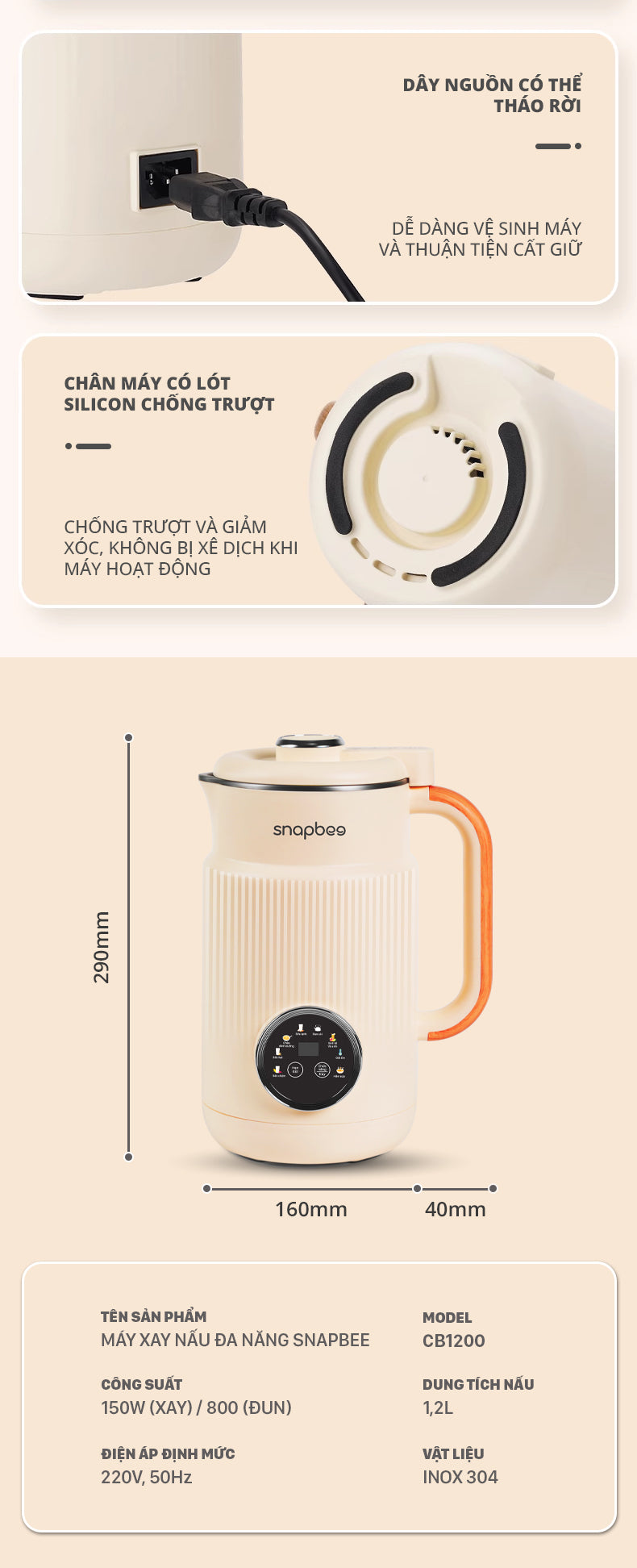 thông số máy xay nấu đa năng cao cấp snapbee cb1200